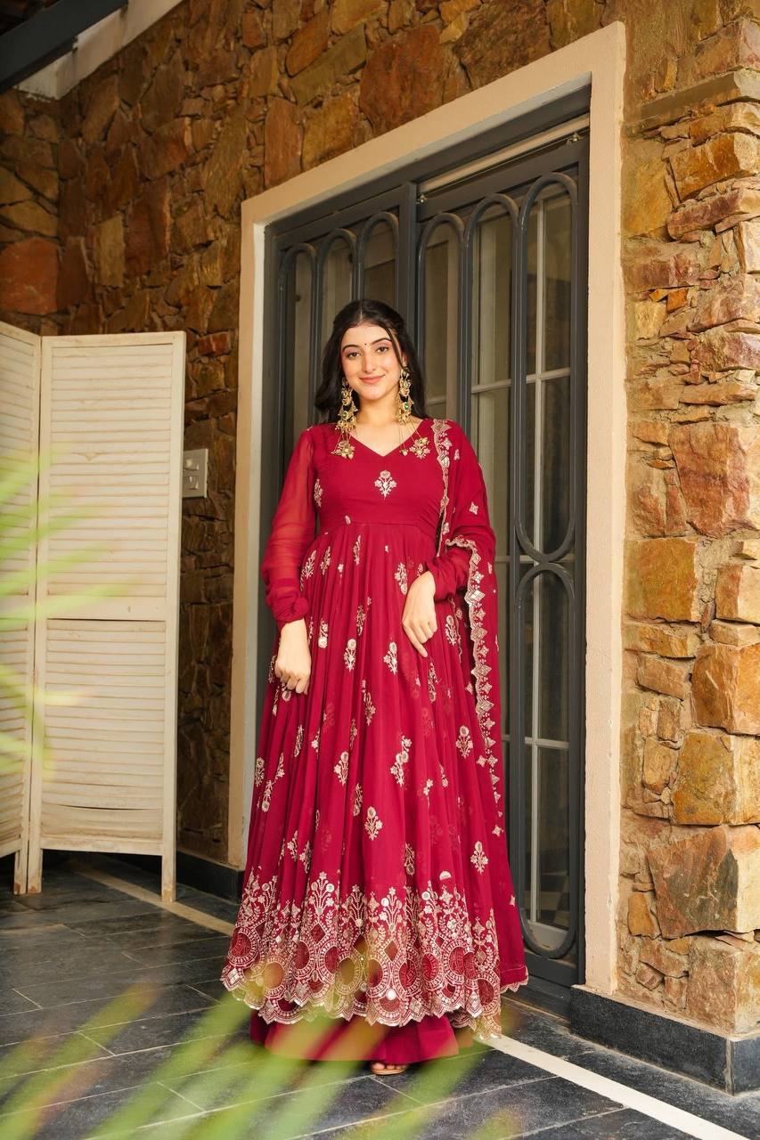 Festive Wear Red Color Embroidered Designer Anarkali Gown