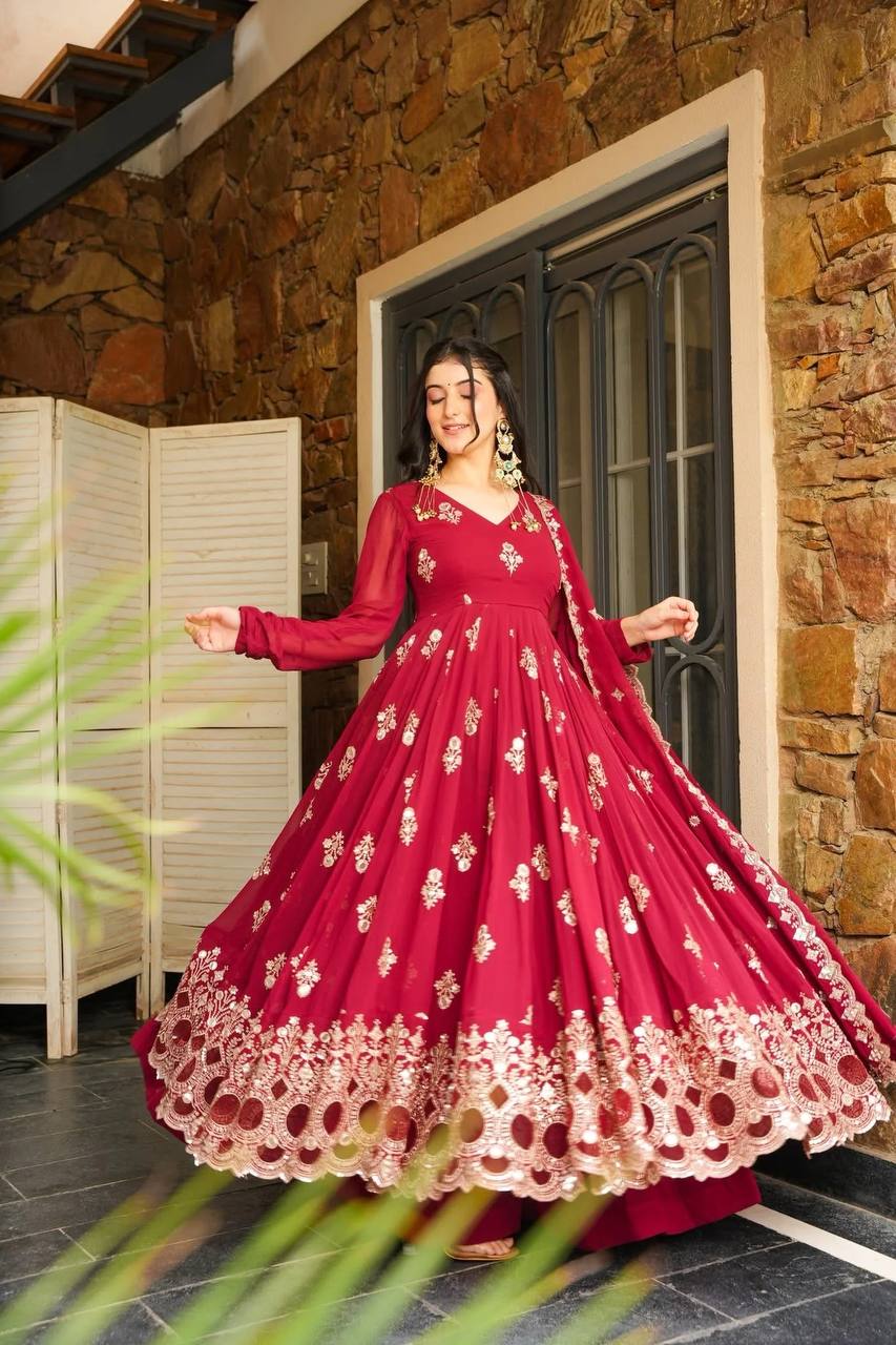 Festive Wear Red Color Embroidered Designer Anarkali Gown