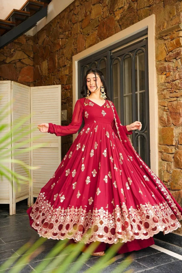 Festive Wear Red Color Embroidered Designer Anarkali Gown