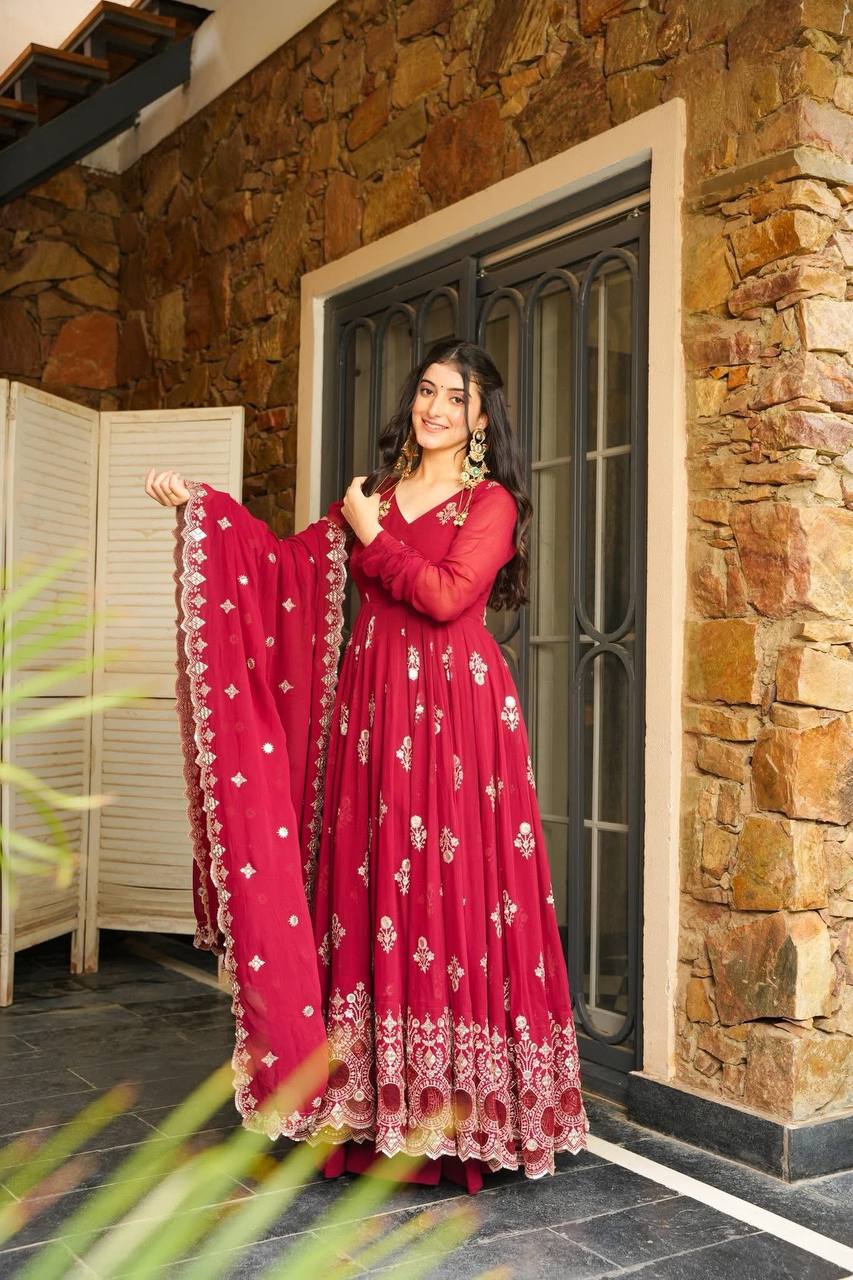 Festive Wear Red Color Embroidered Designer Anarkali Gown