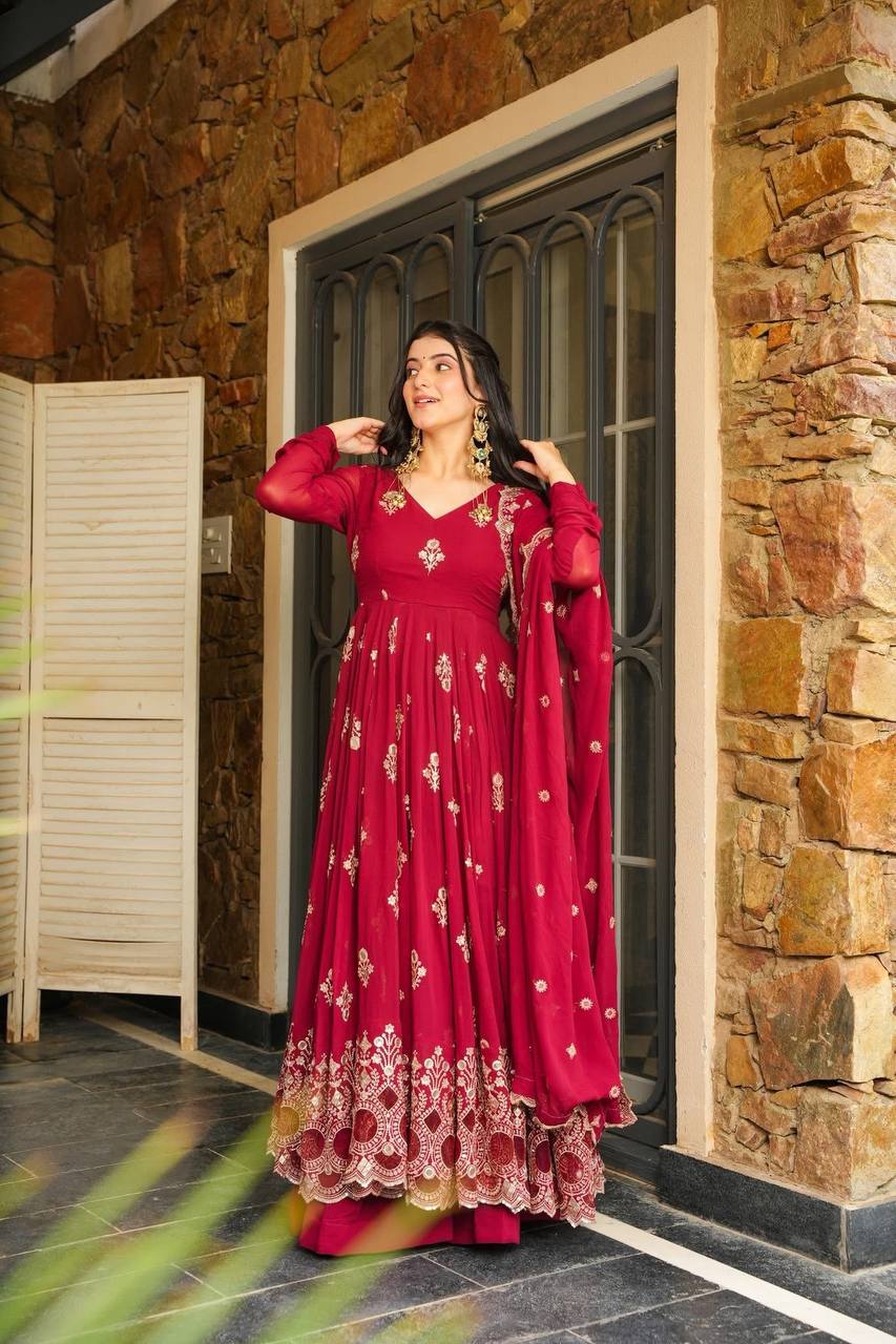 Festive Wear Red Color Embroidered Designer Anarkali Gown