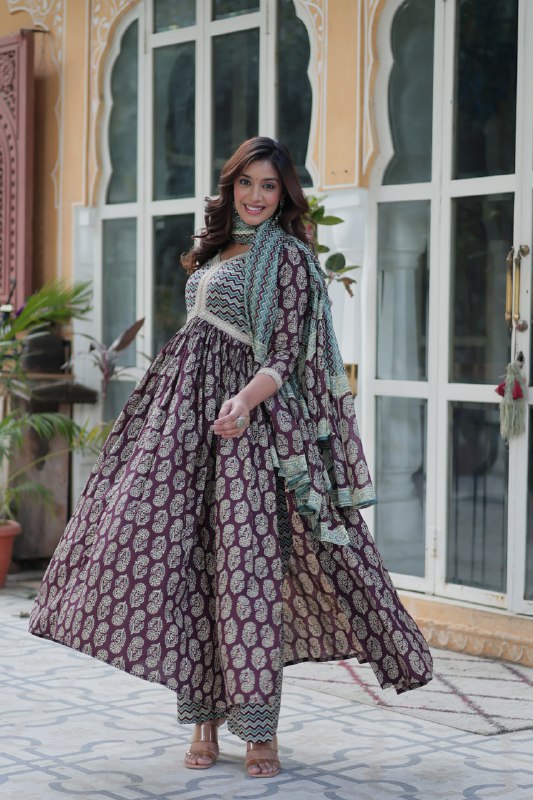 Ceremony Wear Wine Color Pure Cotton Printed Designer Palazzo Pent Suit