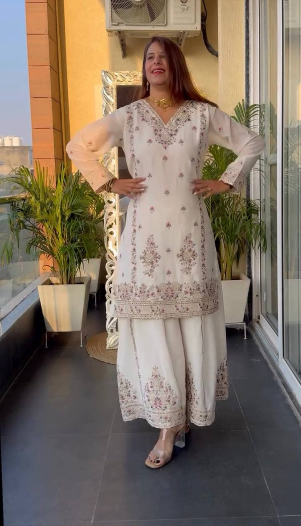Elegant White Color Pure Chinon Silk With Heavy Embroidery Coding Sequence Work Palazzo Suit