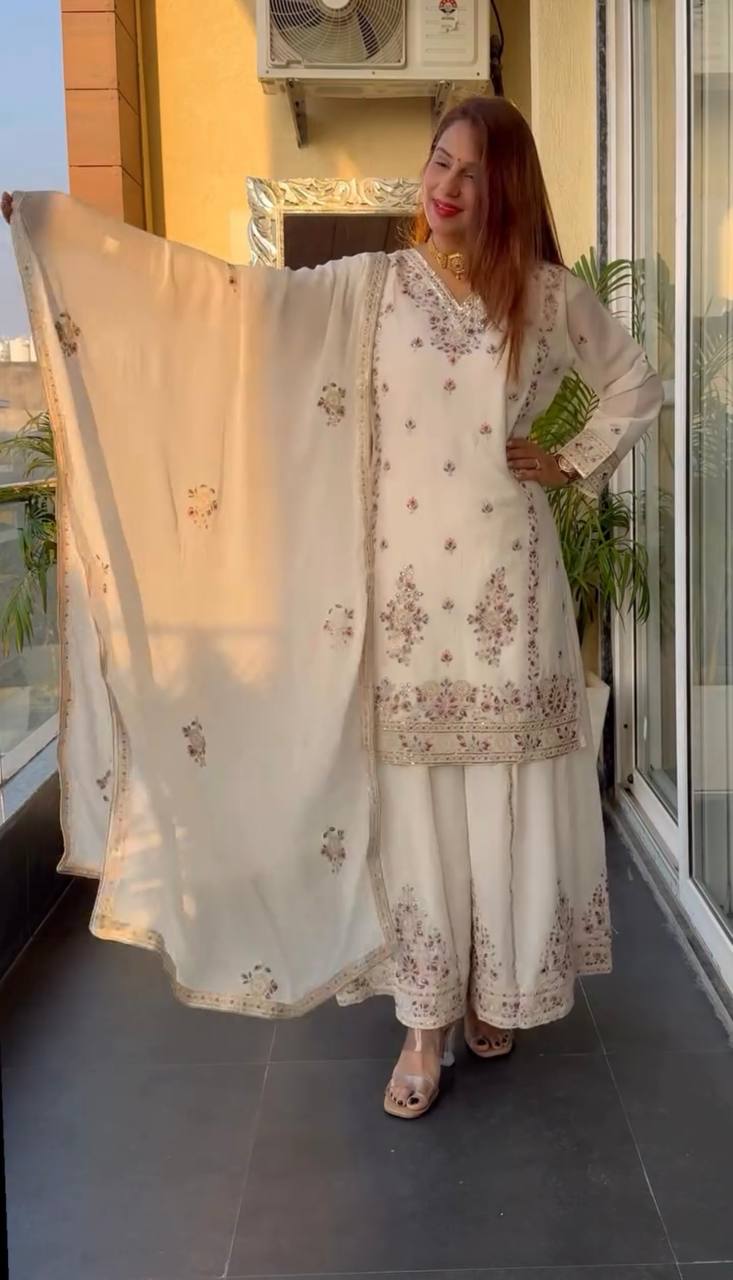 Elegant White Color Pure Chinon Silk With Heavy Embroidery Coding Sequence Work Palazzo Suit