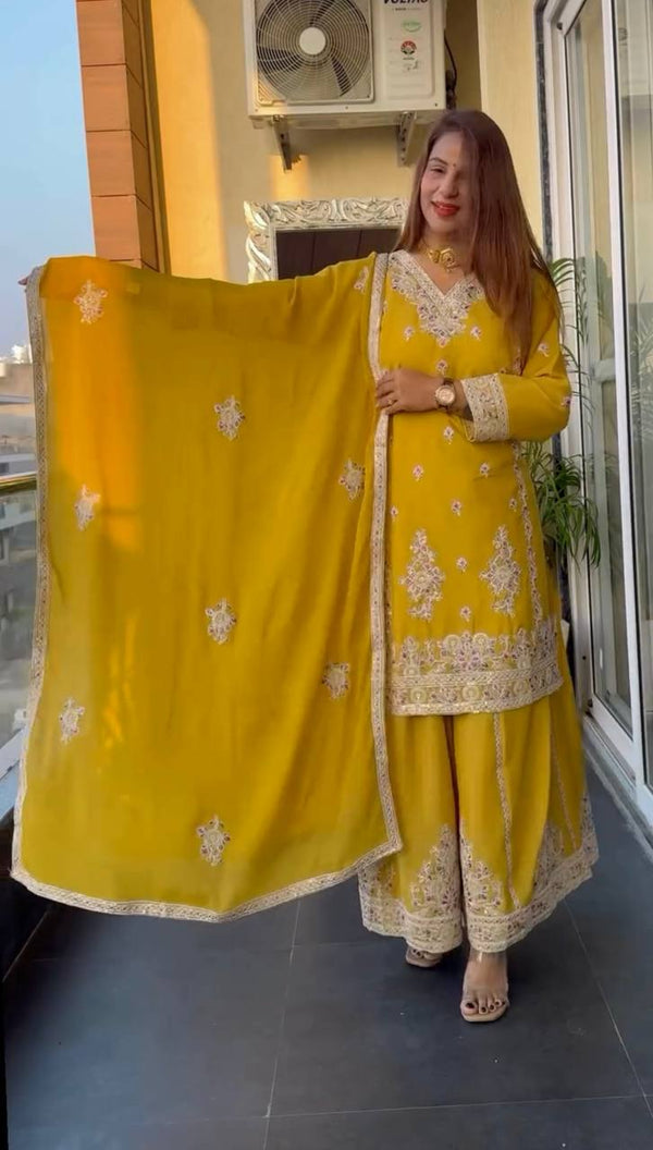 Captivating Yellow Color Pure Chinon Silk With Heavy Embroidery Coding Sequence Work Palazzo Suit