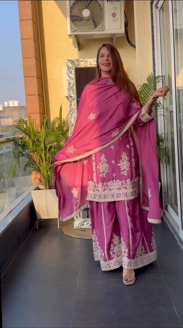 Glimmering Pink Color Pure Chinon Silk With Heavy Embroidery Coding Sequence Work Palazzo Suit