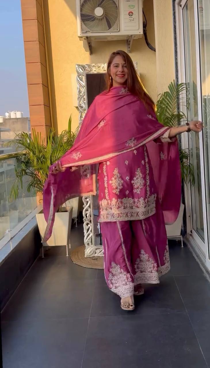 Glimmering Pink Color Pure Chinon Silk With Heavy Embroidery Coding Sequence Work Palazzo Suit
