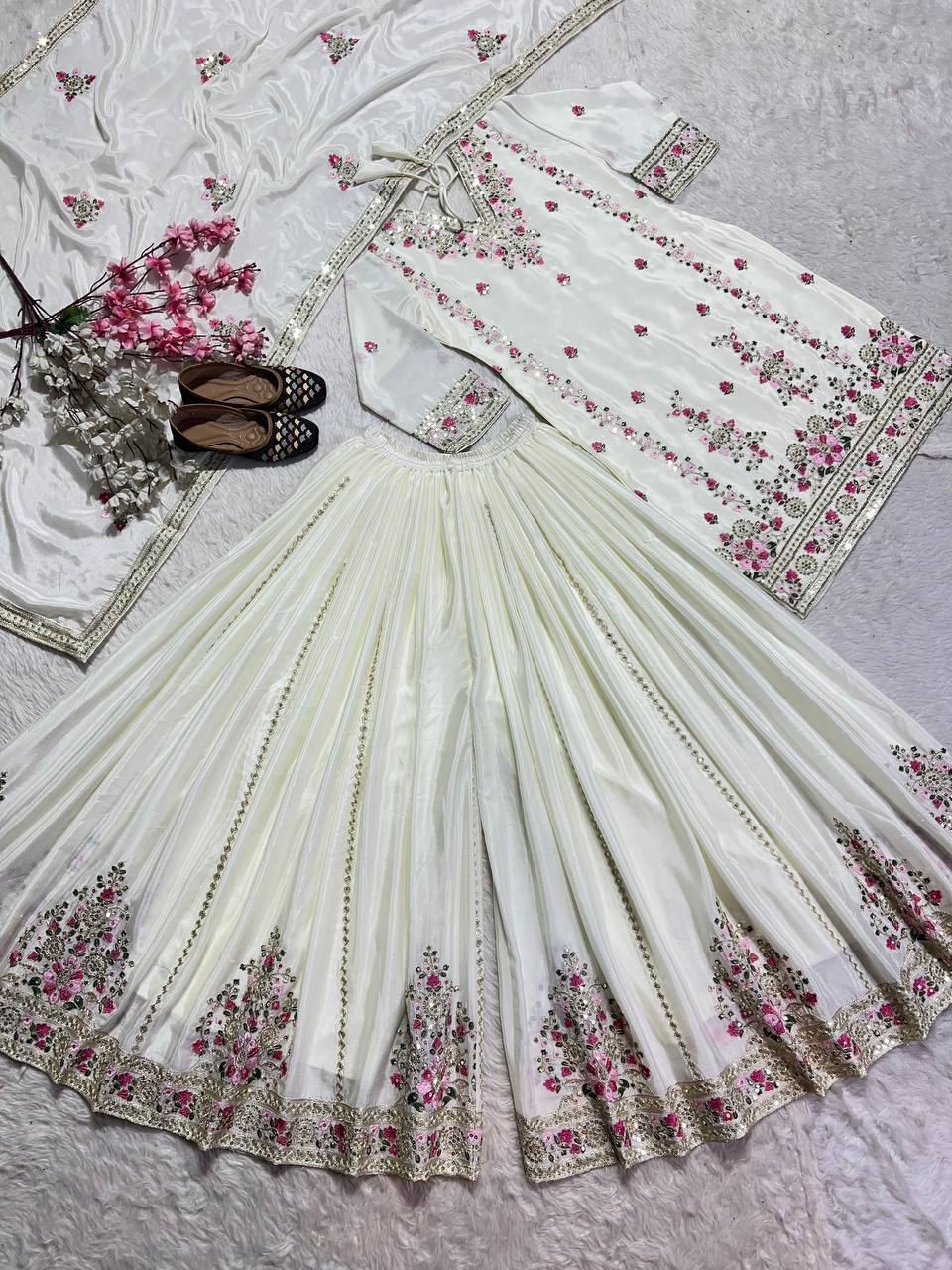 Elegant White Color Pure Chinon Silk With Heavy Embroidery Coding Sequence Work Palazzo Suit