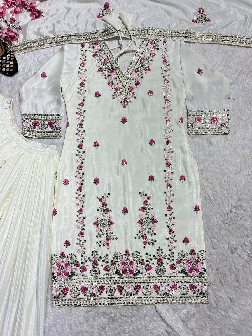 Elegant White Color Pure Chinon Silk With Heavy Embroidery Coding Sequence Work Palazzo Suit