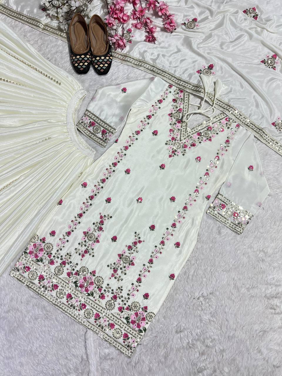 Elegant White Color Pure Chinon Silk With Heavy Embroidery Coding Sequence Work Palazzo Suit