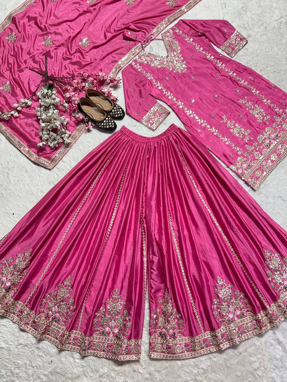 Glimmering Pink Color Pure Chinon Silk With Heavy Embroidery Coding Sequence Work Palazzo Suit