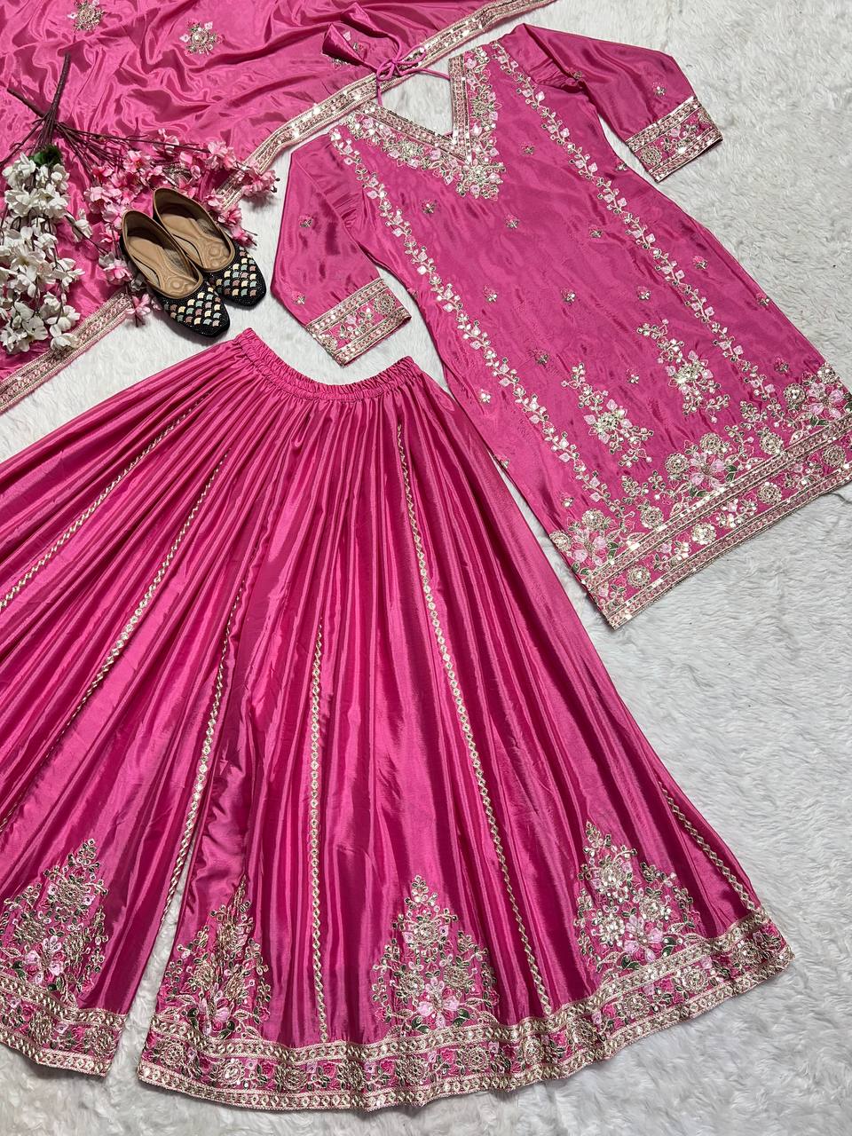 Glimmering Pink Color Pure Chinon Silk With Heavy Embroidery Coding Sequence Work Palazzo Suit