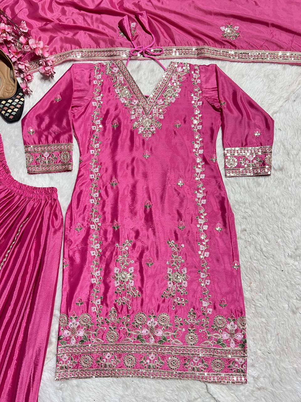 Glimmering Pink Color Pure Chinon Silk With Heavy Embroidery Coding Sequence Work Palazzo Suit