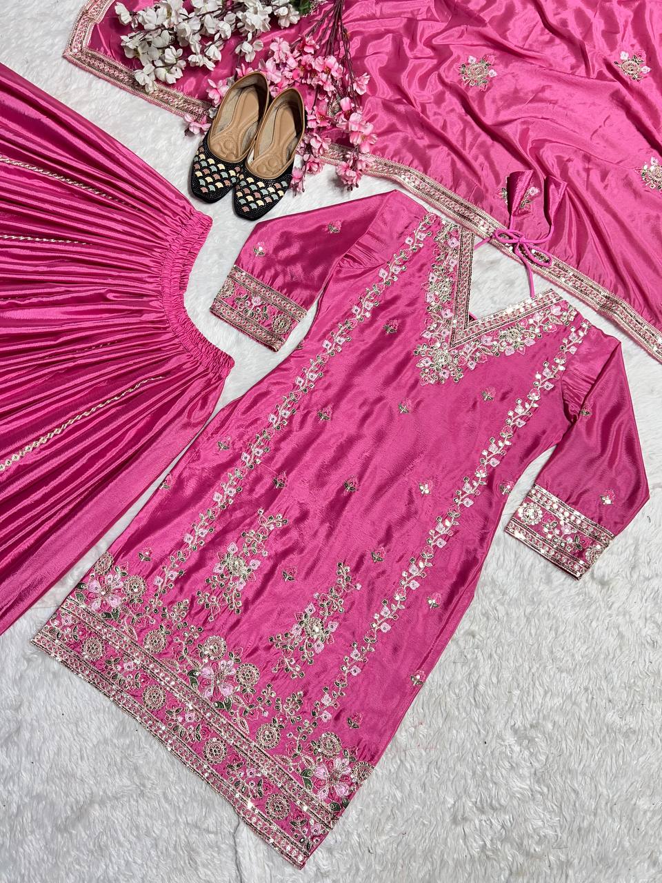 Glimmering Pink Color Pure Chinon Silk With Heavy Embroidery Coding Sequence Work Palazzo Suit