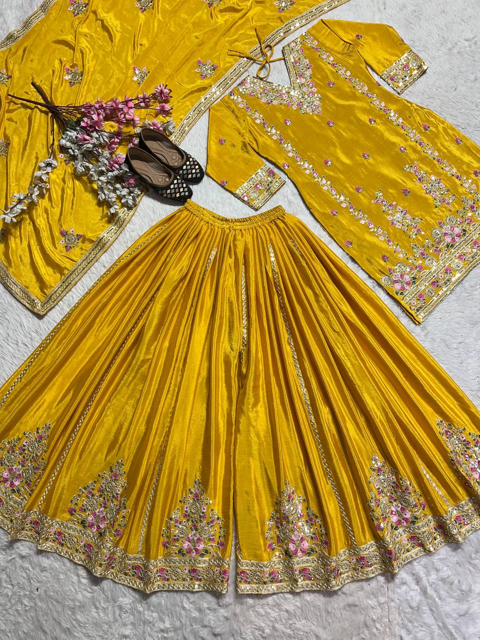 Captivating Yellow Color Pure Chinon Silk With Heavy Embroidery Coding Sequence Work Palazzo Suit