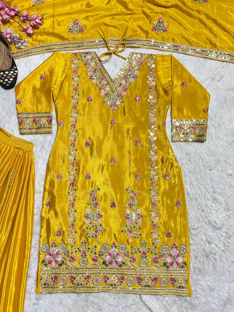 Captivating Yellow Color Pure Chinon Silk With Heavy Embroidery Coding Sequence Work Palazzo Suit
