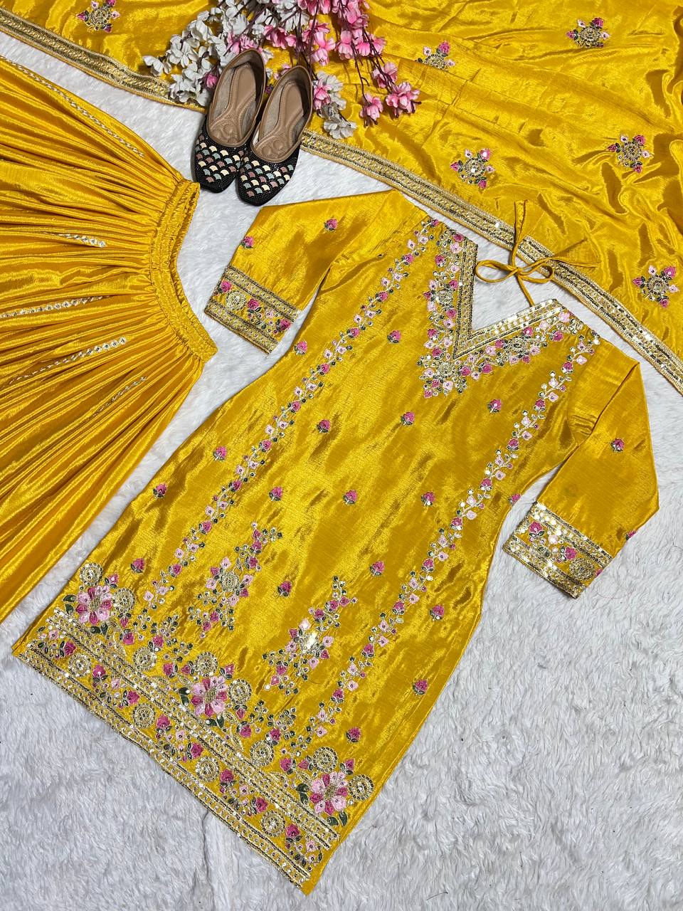 Captivating Yellow Color Pure Chinon Silk With Heavy Embroidery Coding Sequence Work Palazzo Suit