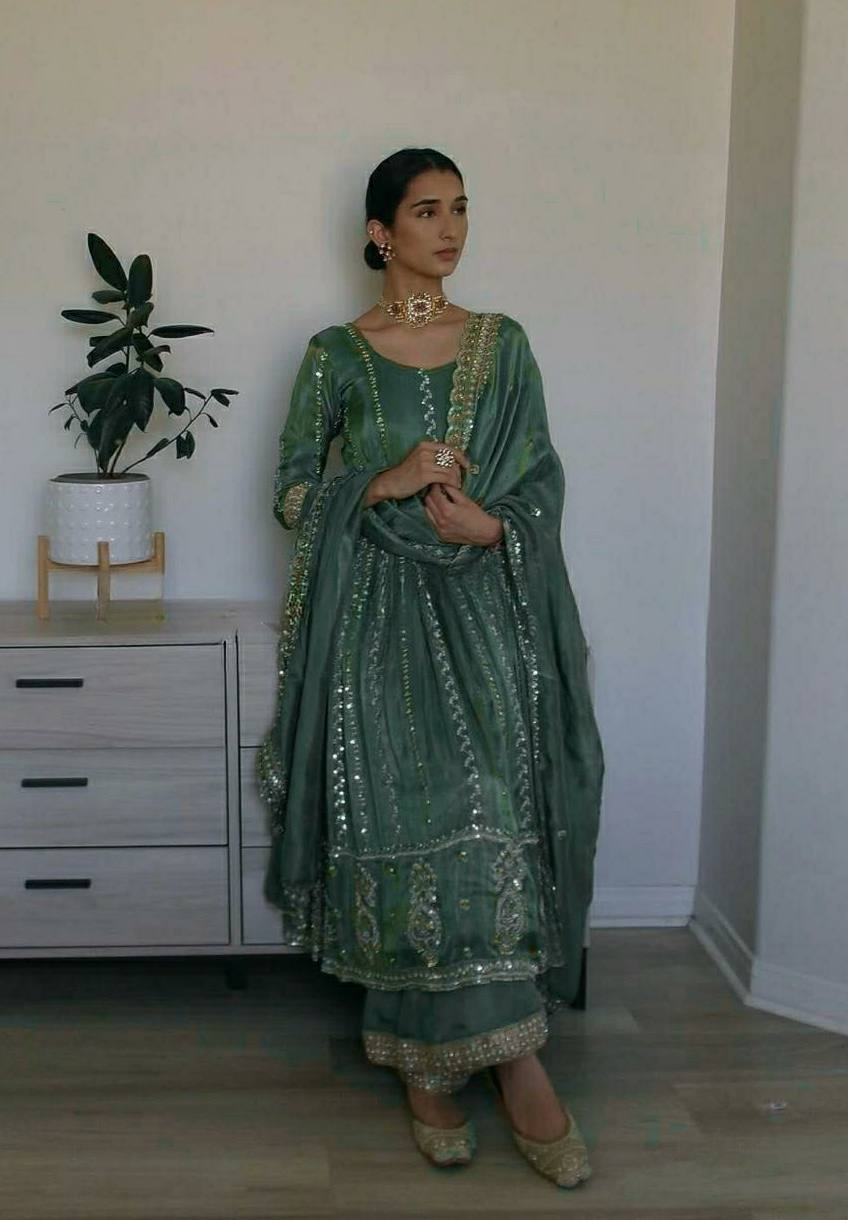 Gorgeous Pista Color Embroidered Designer Anarkali Suit