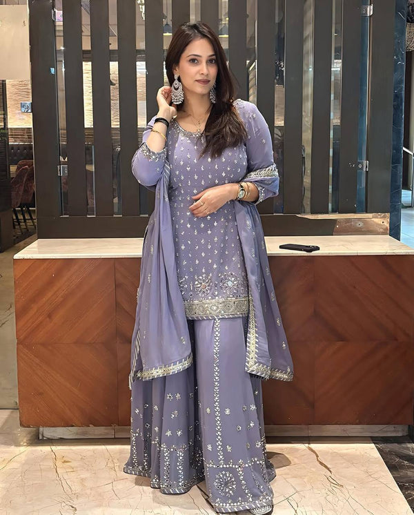 Party Wear Grey Color Heavy Faux Georgette With Embroidery Sequences Work Designer Palazzo Suit