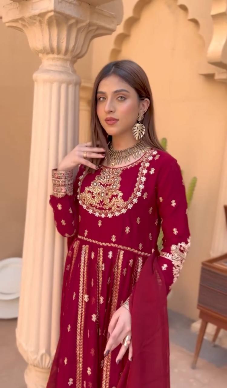 Elegant Red Color Embroidery And 5mm Sequence Work Designer Gown