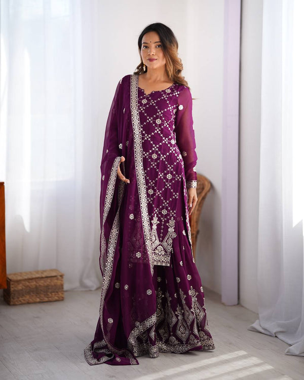 Party Wear Purple Color Faux Georgette And Thread With Sequence Work Sharara Suit