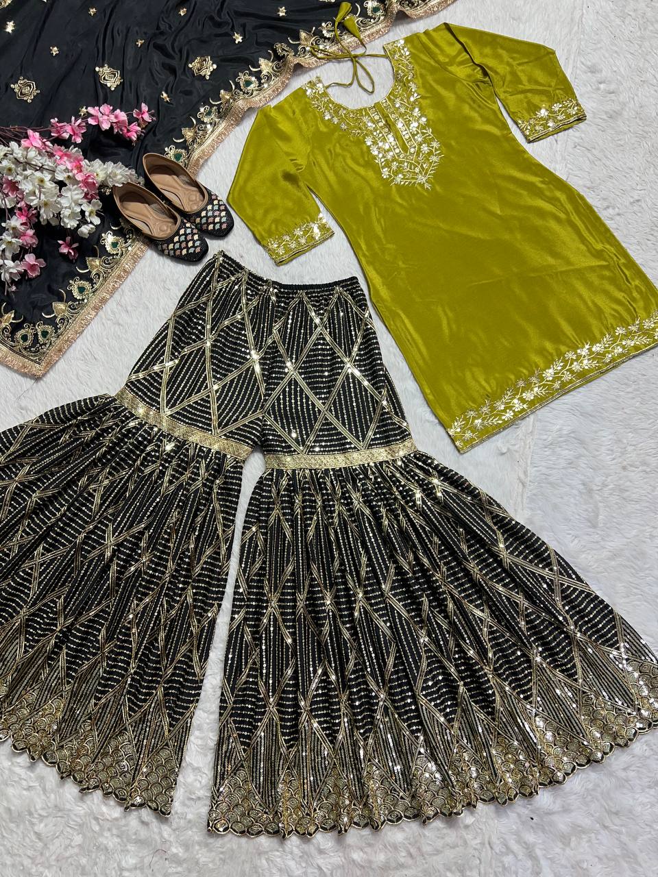 Party Wear Green Color Pure Heavy Chinon Silk With Embroidery Work Beautiful Sharara Suit