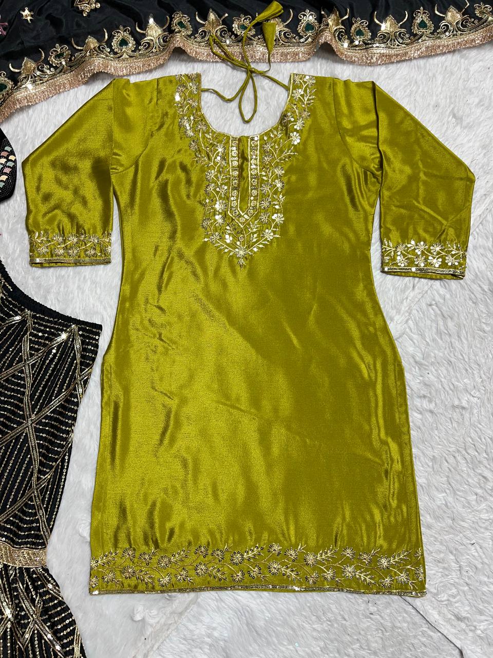 Party Wear Green Color Pure Heavy Chinon Silk With Embroidery Work Beautiful Sharara Suit