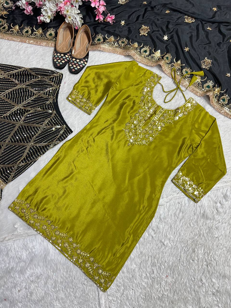 Party Wear Green Color Pure Heavy Chinon Silk With Embroidery Work Beautiful Sharara Suit