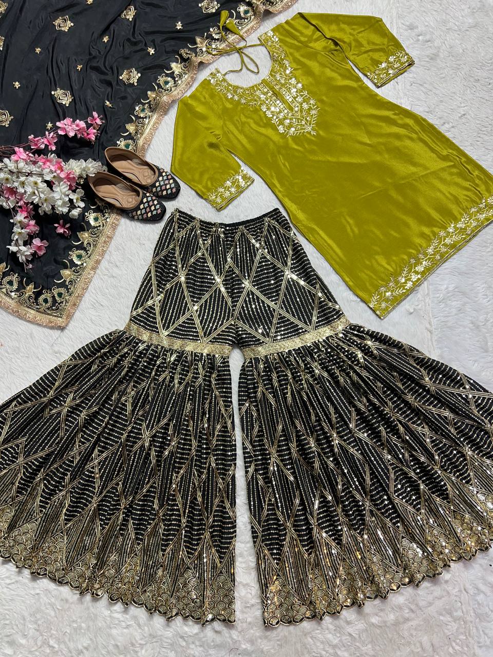 Party Wear Green Color Pure Heavy Chinon Silk With Embroidery Work Beautiful Sharara Suit
