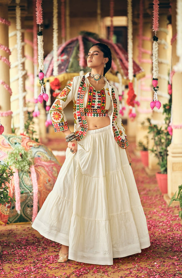 Navratri Wear Off White Color Pure Cotton Ready To Wear Lehenga Choli With Koti