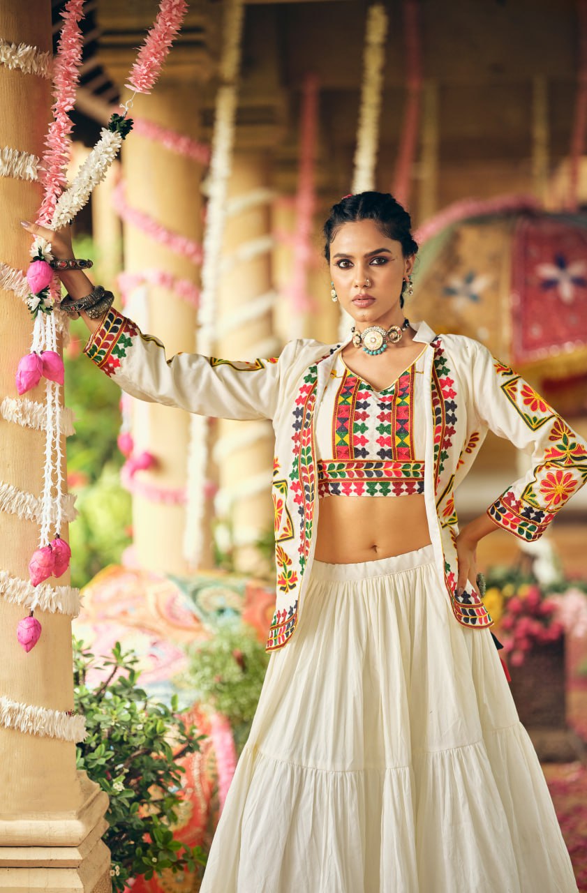 Navratri Wear Off White Color Pure Cotton Ready To Wear Lehenga Choli With Koti