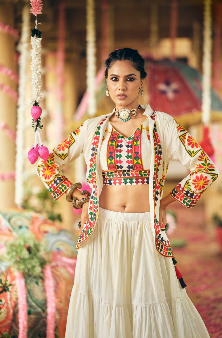 Navratri Wear Off White Color Pure Cotton Ready To Wear Lehenga Choli With Koti