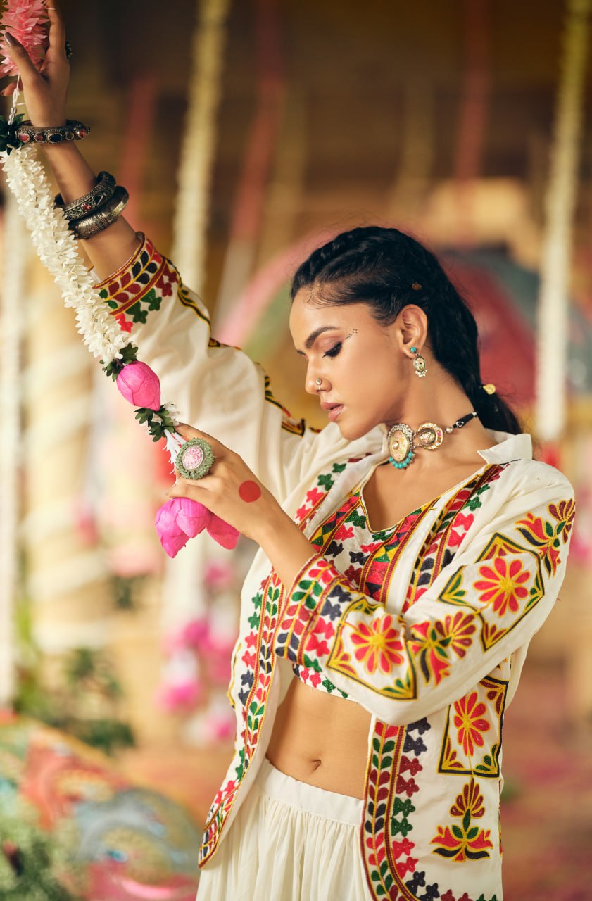 Navratri Wear Off White Color Pure Cotton Ready To Wear Lehenga Choli With Koti