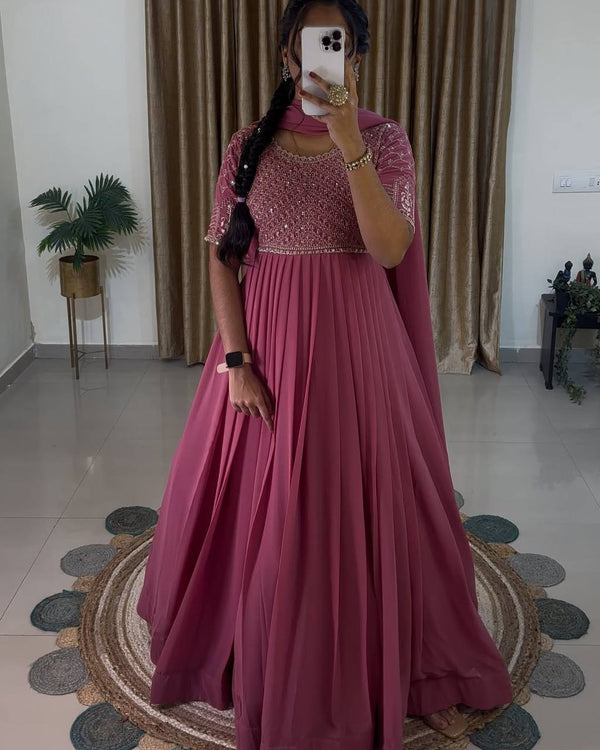Beautiful Light Pink Color Embroidered  Designer Gown Set