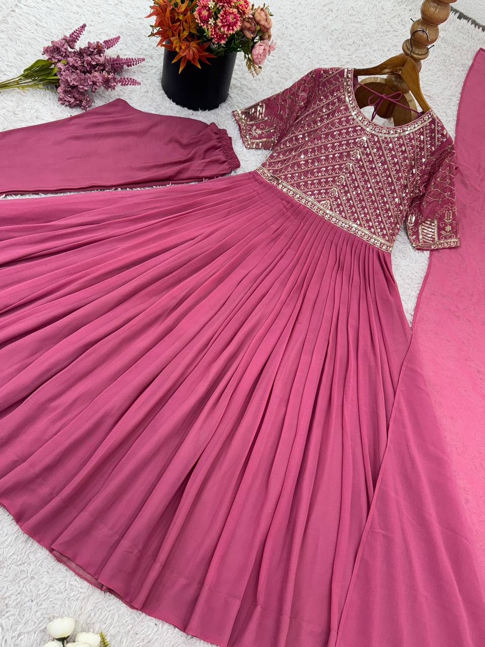 Beautiful Light Pink Color Embroidered  Designer Gown Set