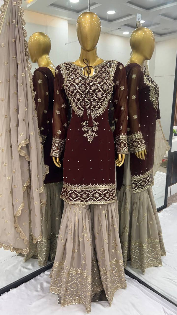 Wedding Wear Brown Color Heavy Faux Georgette With 5mm Embroidery Sequence Work Sharara Suit