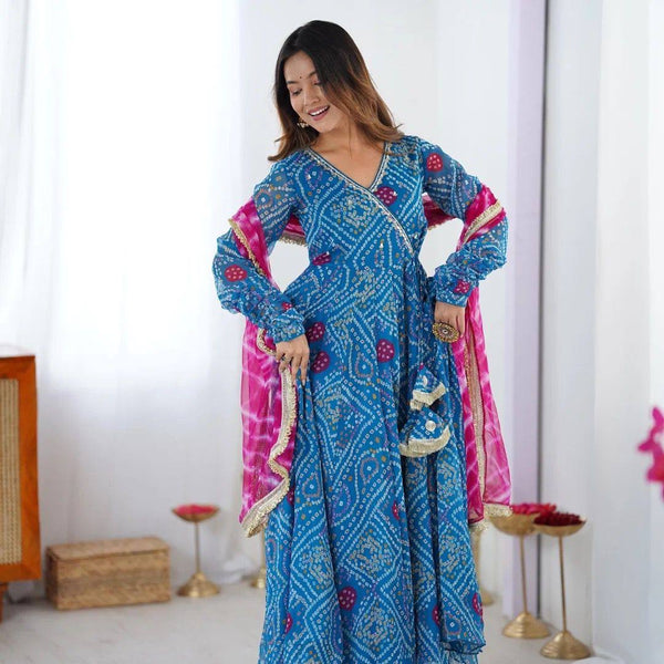 Navratri Wear Sky Blue Color Bandhani Designer Gown Set