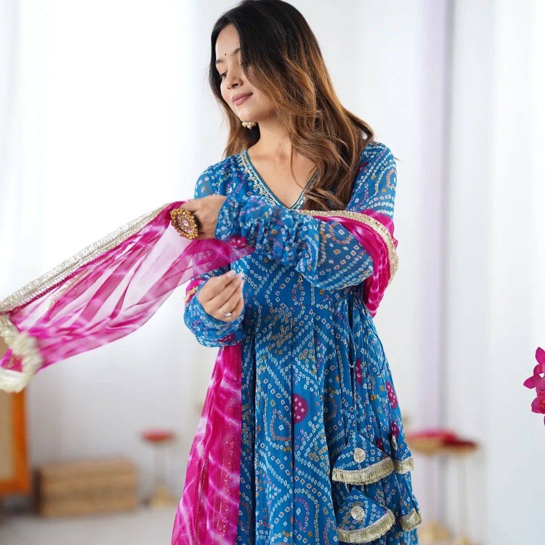 Navratri Wear Sky Blue Color Bandhani Designer Gown Set