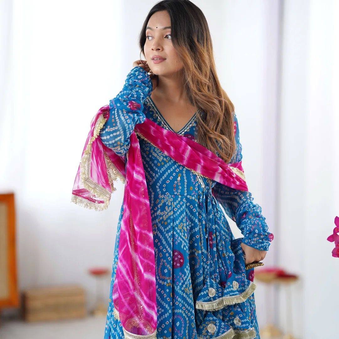 Navratri Wear Sky Blue Color Bandhani Designer Gown Set