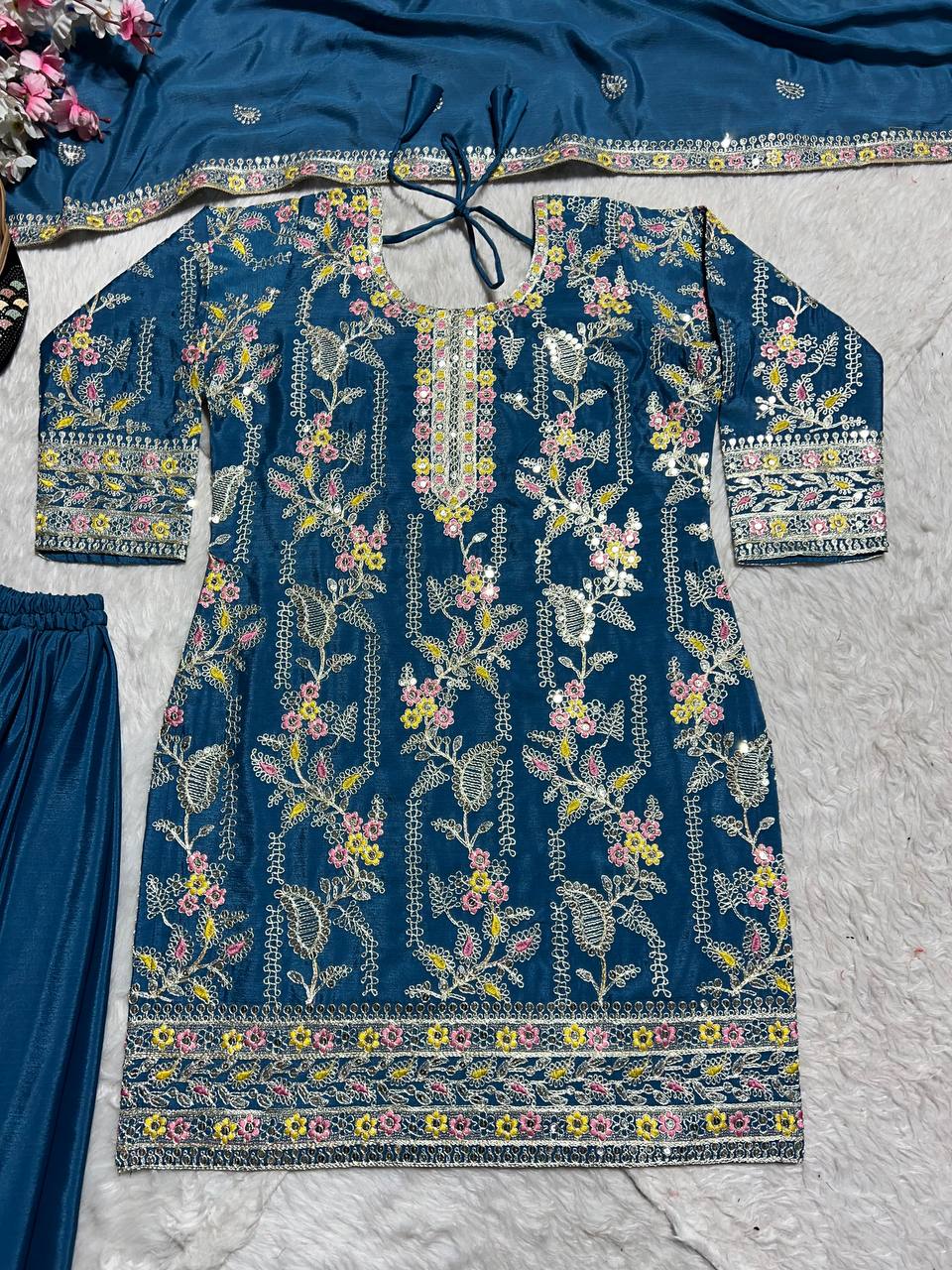 Fabulous Teal Green Pure Chinon Silk With Embroidery Coding Sequence Work Palazzo Suit