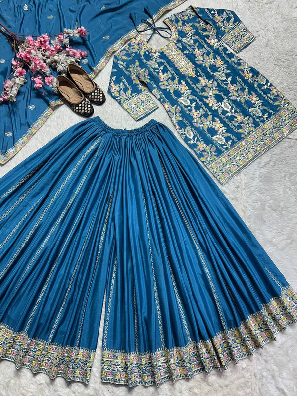 Fabulous Teal Green Pure Chinon Silk With Embroidery Coding Sequence Work Palazzo Suit