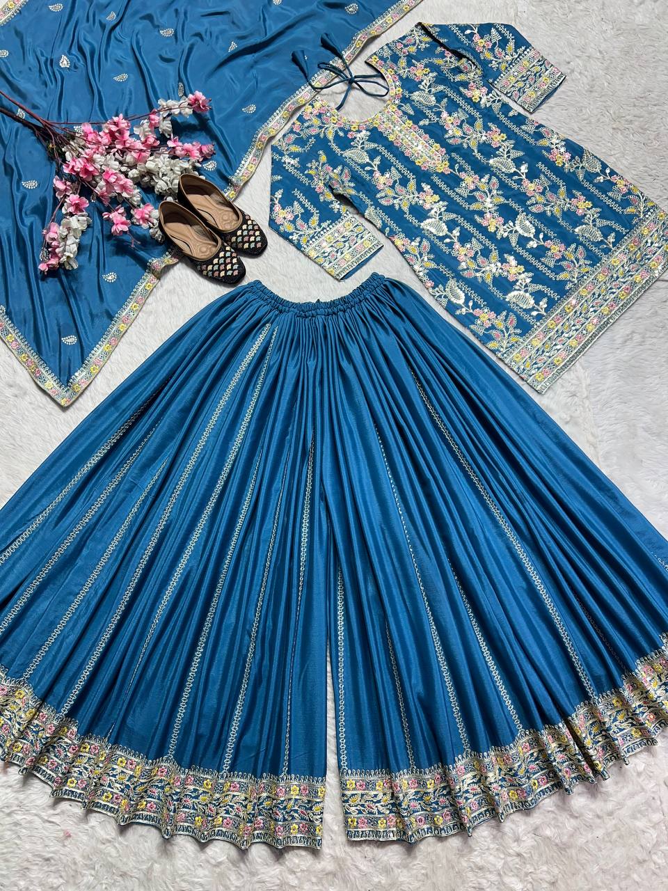 Fabulous Teal Green Pure Chinon Silk With Embroidery Coding Sequence Work Palazzo Suit