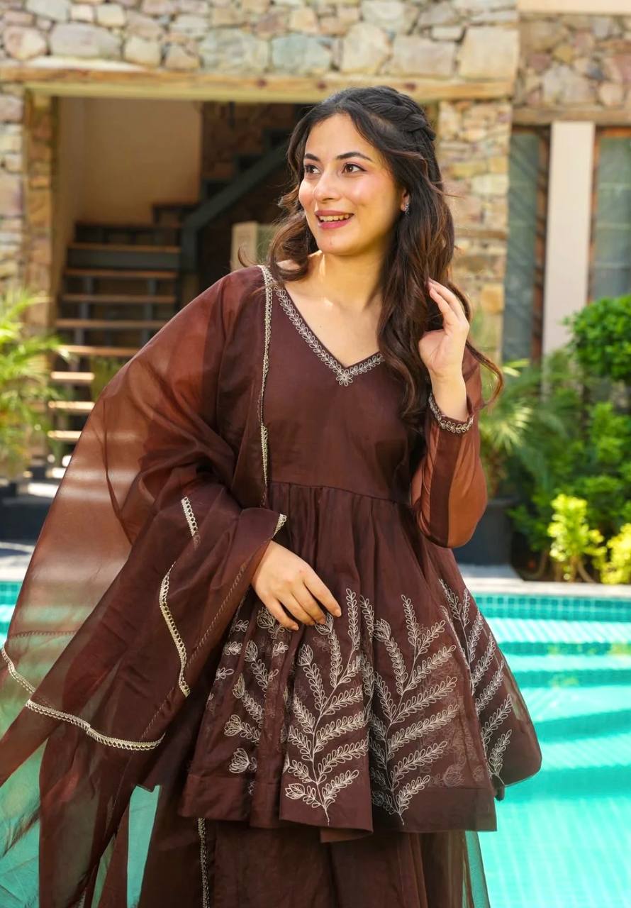 Designer Brown Color Georgette 3 Piece Sharara Set