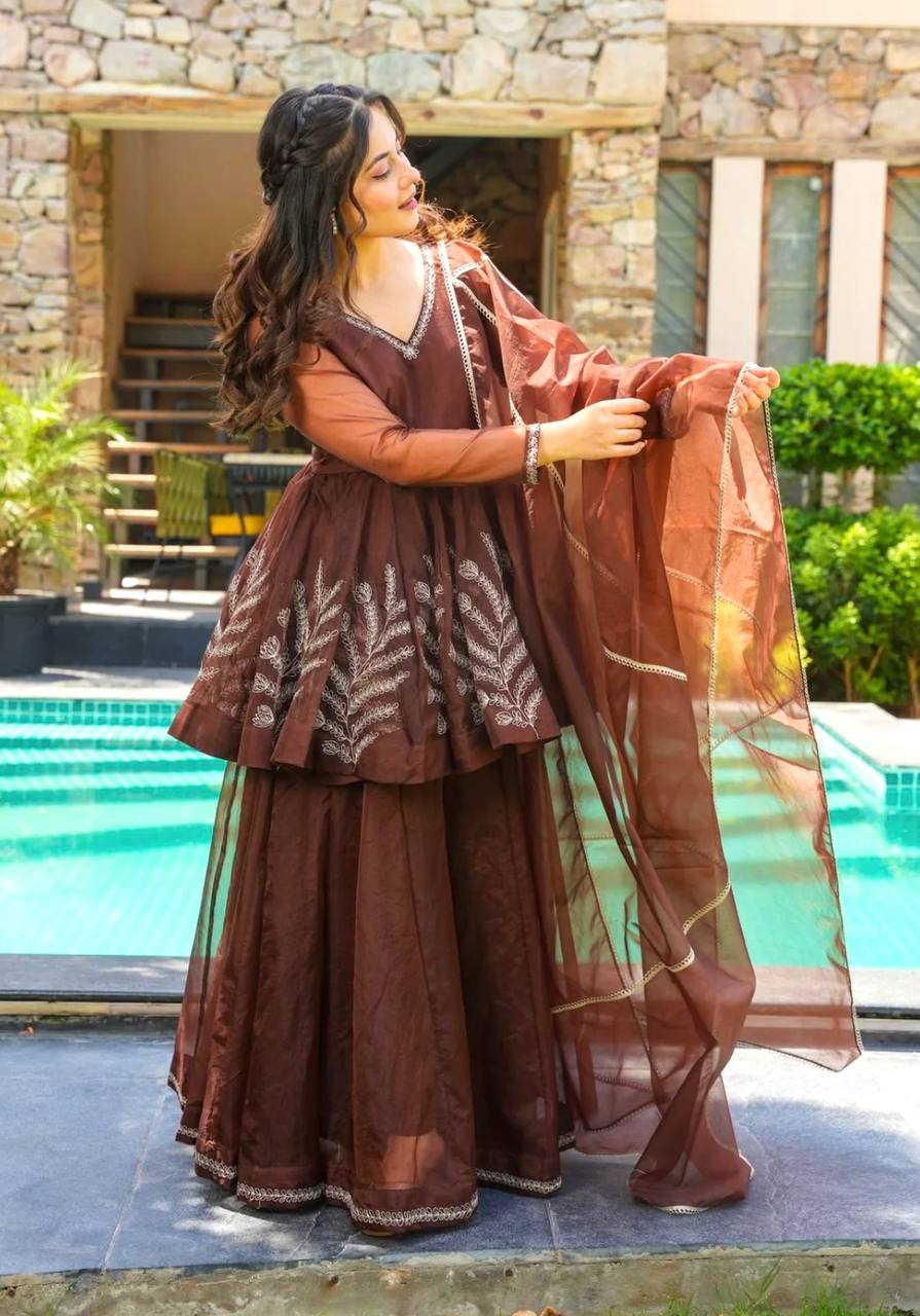 Designer Brown Color Georgette 3 Piece Sharara Set