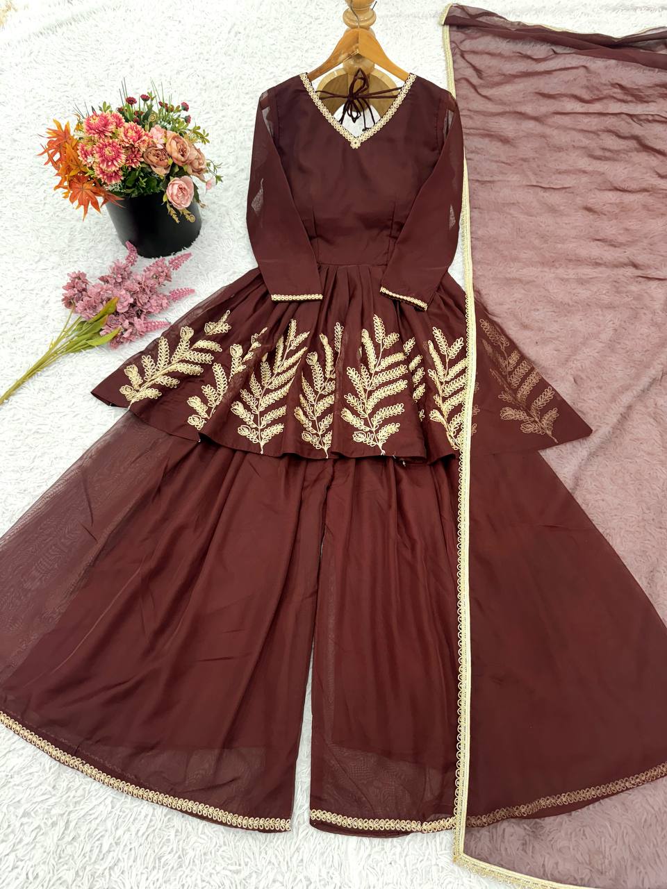 Designer Brown Color Georgette 3 Piece Sharara Set
