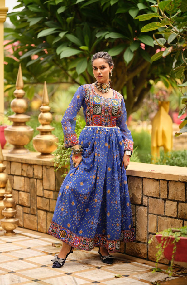 Traditional Wear Blue Color Gamthi Work Navratri Gown