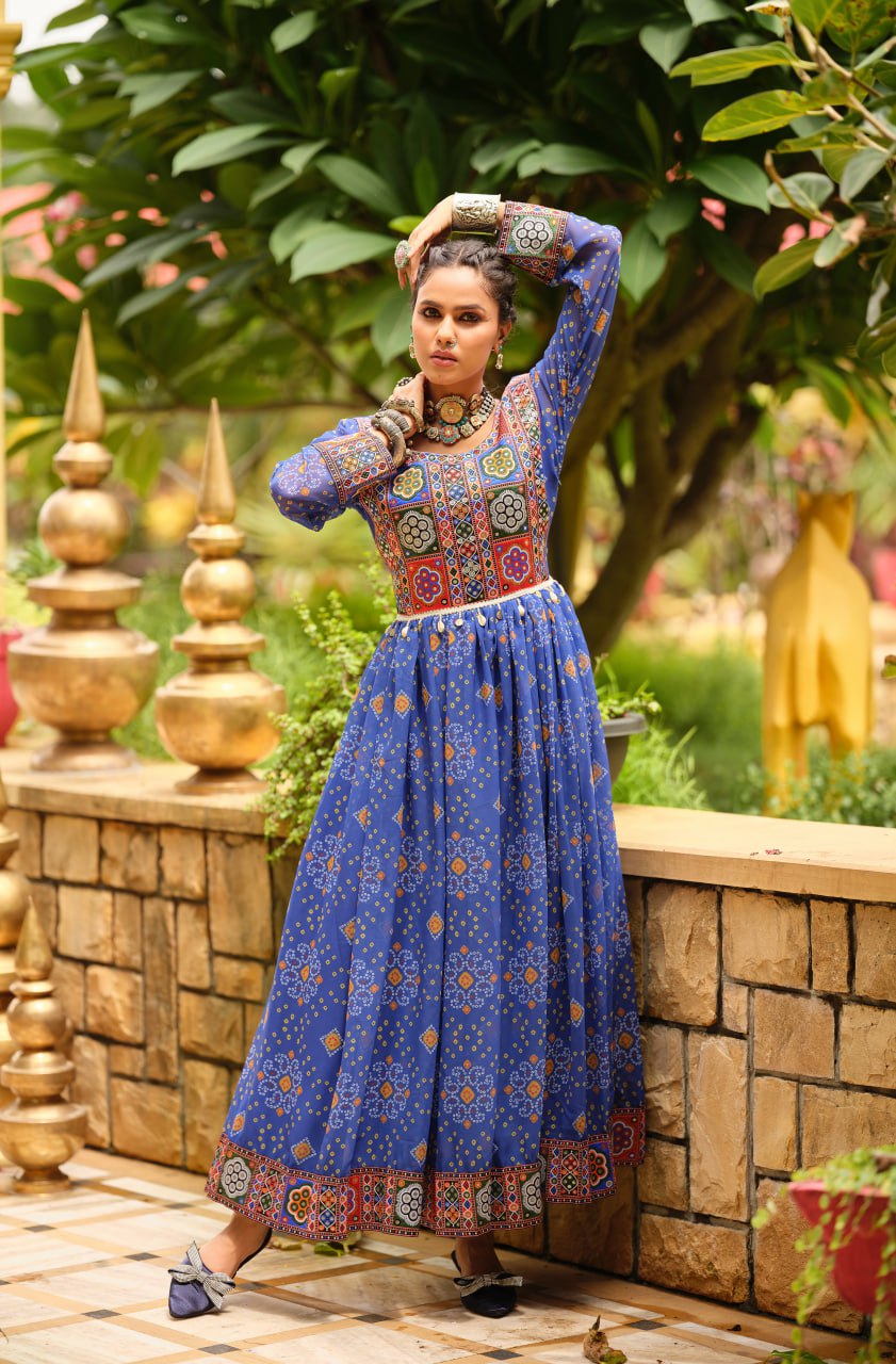 Traditional Wear Blue Color Gamthi Work Navratri Gown