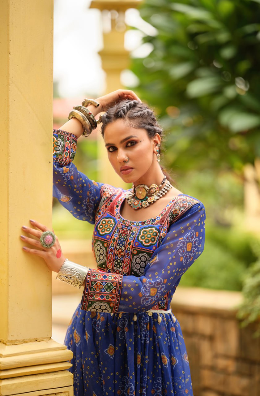 Traditional Wear Blue Color Gamthi Work Navratri Gown