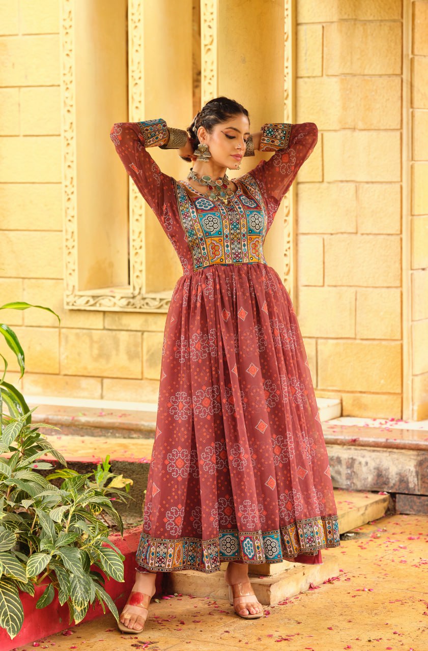 Traditional Wear Brown Color Gamthi Work Navratri Gown
