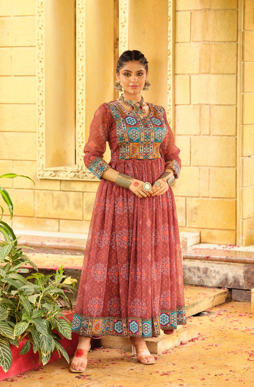 Traditional Wear Brown Color Gamthi Work Navratri Gown